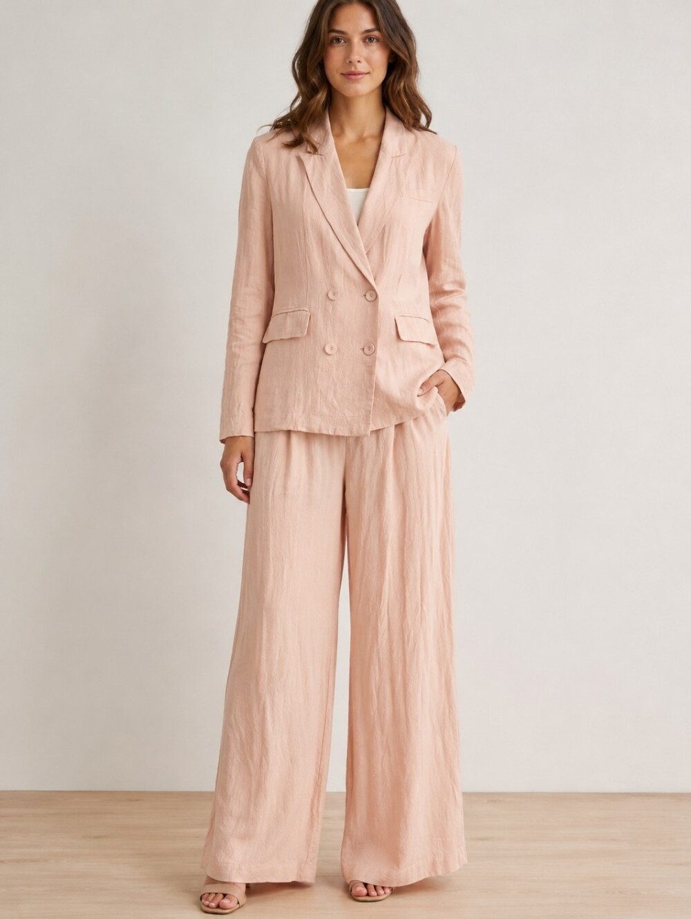 Molly Bracken Double-Breasted Blush Pink Blazer And Wide Pant Suit Linen Blend